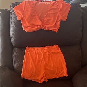 Women's Orange Two-Piece Lounge Set Crop Top & Shorts